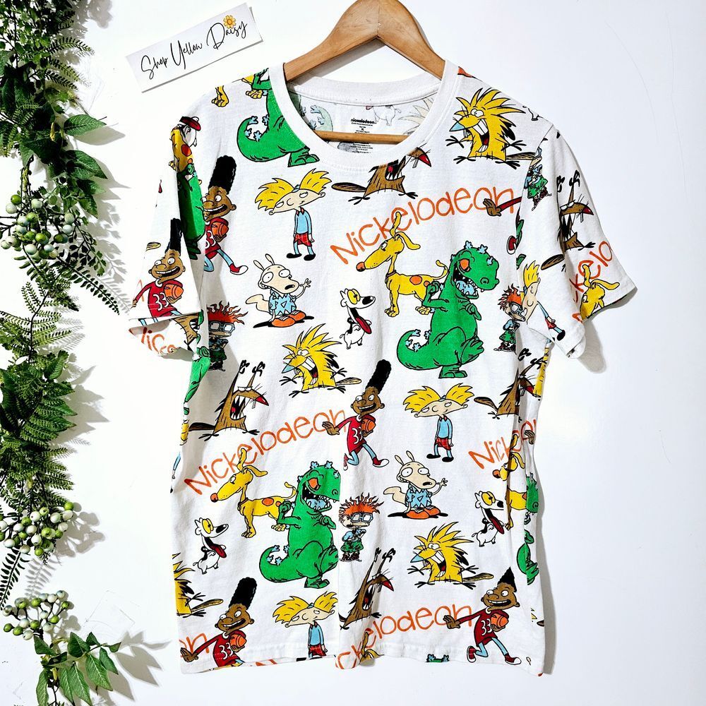 Adult Nickelodeon T-Shirt‎ All Over Print 90s Cartoon Characters XL Retro Tee